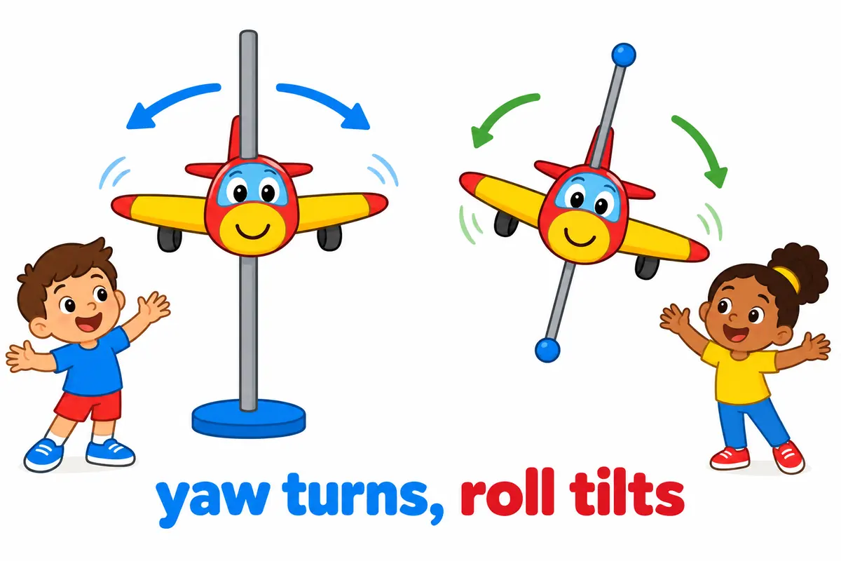 A cartoon craft is shown twice, once spinning around a vertical pole and once tilting around a long rod.