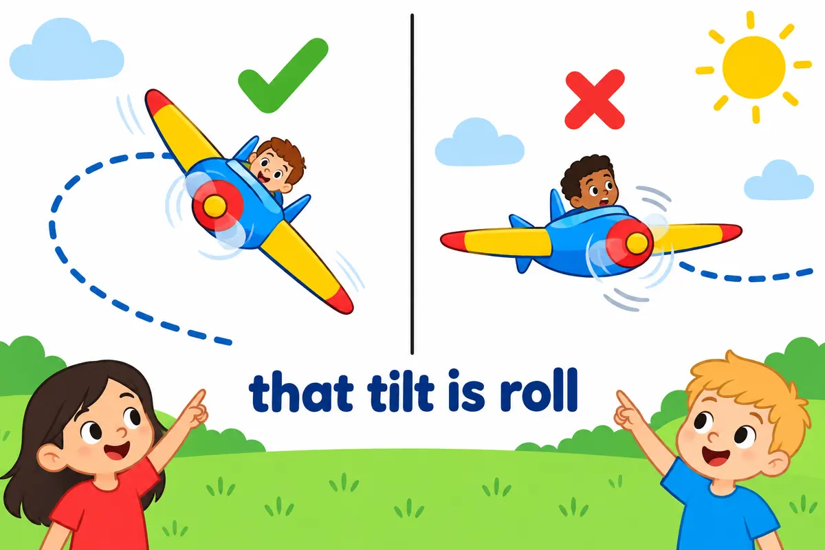 A cartoon plane banks into a curve on one side and swings its nose on the other, with a clear tick and cross.