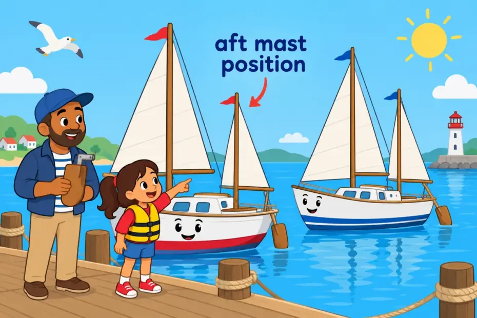 Cartoon sailors compare a yawl vs ketch at a dock, showing the mizzen mast behind the rudder on the yawl.