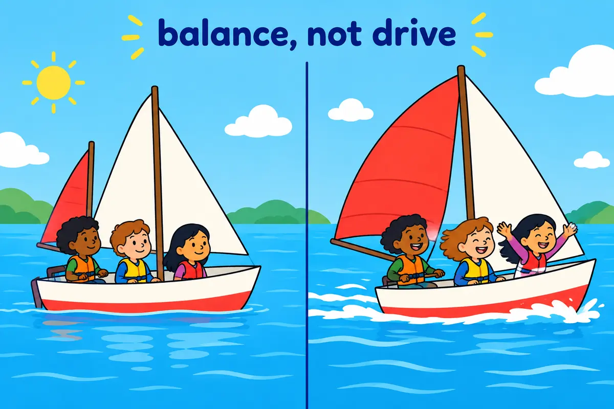 A cartoon split scene contrasts a balancing aft sail on the left with a driving aft sail on the right.