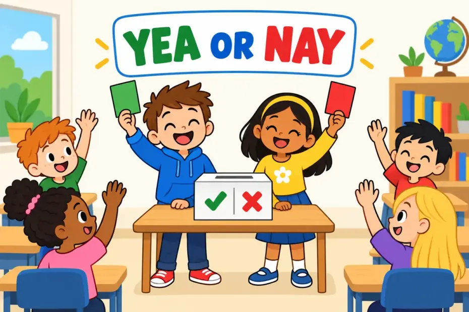 Cartoon pupils raise a green card and a red card at a classroom vote, illustrating yea vs nay as a choice between yes and no.