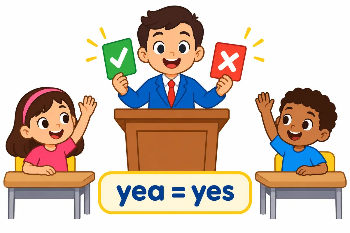 A cartoon host holds up a green card and a red card labelled only with a tick and a cross to show the two votes.