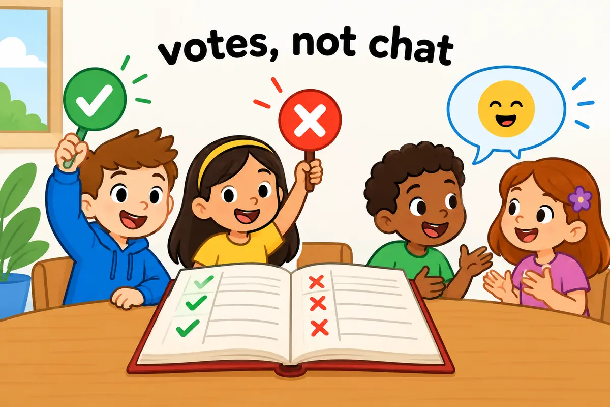A single unified cartoon scene contrasts a formal minute book with a cheerful chat bubble, showing where yea and nay belong.