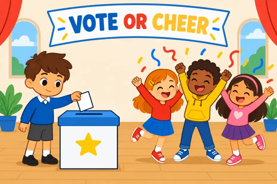 Cartoon children show both sides of yea vs yay, one raising a voting card and others cheering with arms up.