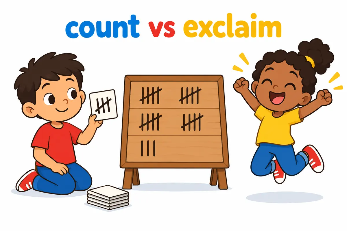 A cartoon child holds up a small card labelled with a tally mark beside a friend who throws both arms up in a cheer.