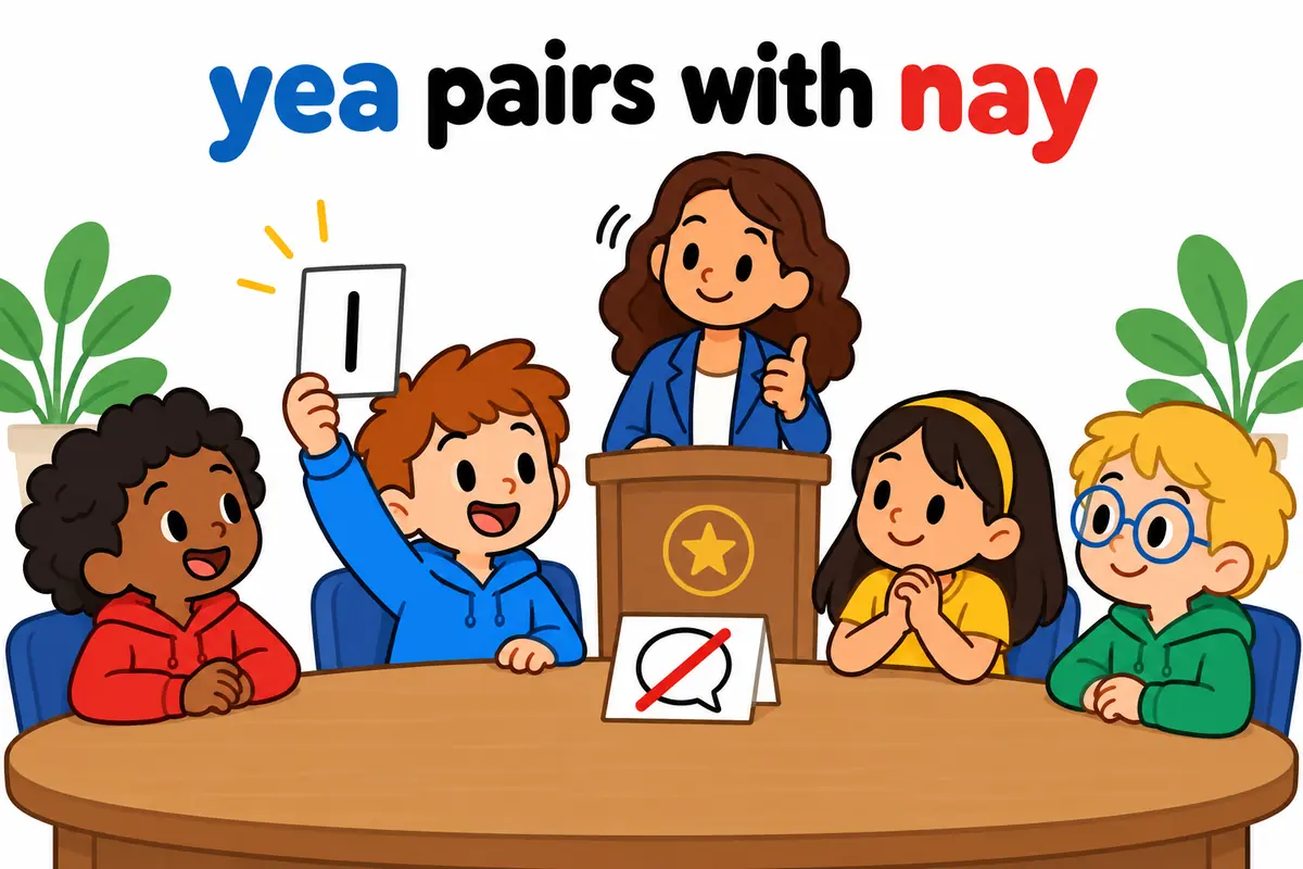 A cartoon child raises a card showing a tally mark while another card beside it shows a crossed-out cheer bubble.