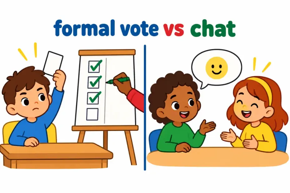 Yea vs yeah: a child raises a blank vote card beside a tally board as friends chat.