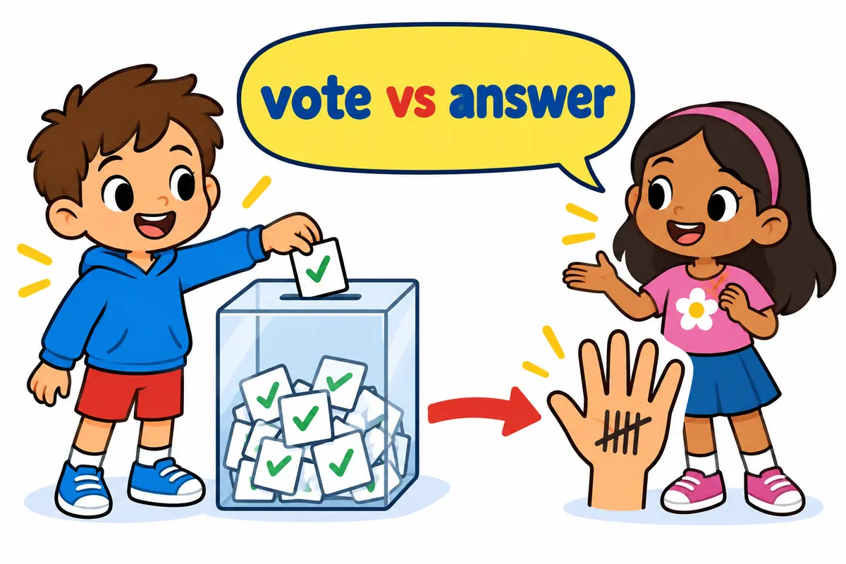 A boy drops a check-marked card into a tally box while a girl speaks in a bubble, illustrating yea as a vote and yeah as an answer.