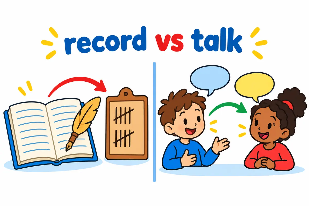 A ruled minute book and tally board face two friends chatting in speech bubbles, contrasting formal records with casual talk.