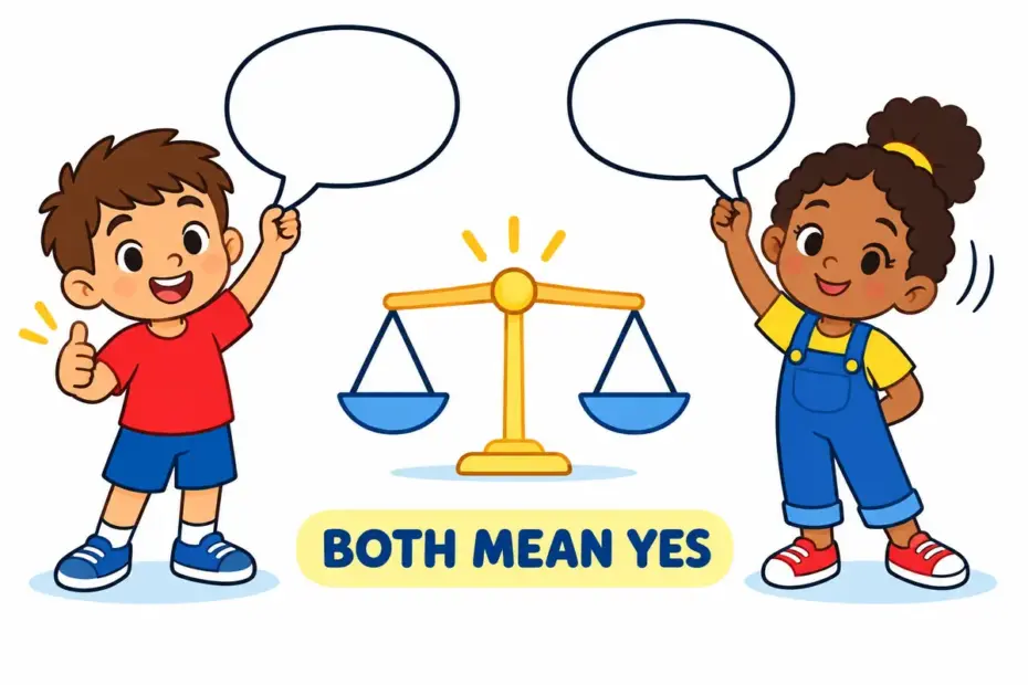 A friendly cartoon chat shows children using yeah vs yep as two informal ways to say yes.