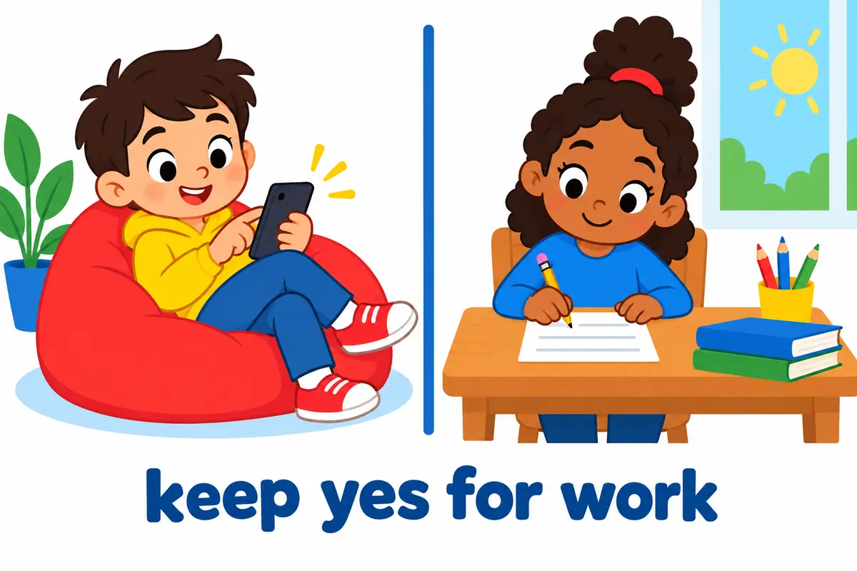 A cartoon split scene shows a child chatting happily on a phone with yep and another child writing a formal letter with yes.
