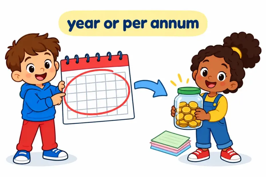 Cartoon children compare a wall calendar with a coin jar, showing year vs annum as plain time versus a yearly rate.