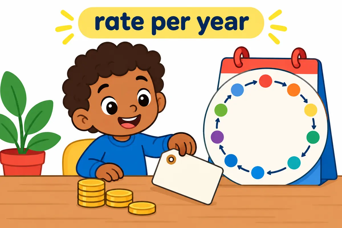 A child places a blank price tag beside coins and a calendar marked by a looping year circle, illustrating a rate per year.