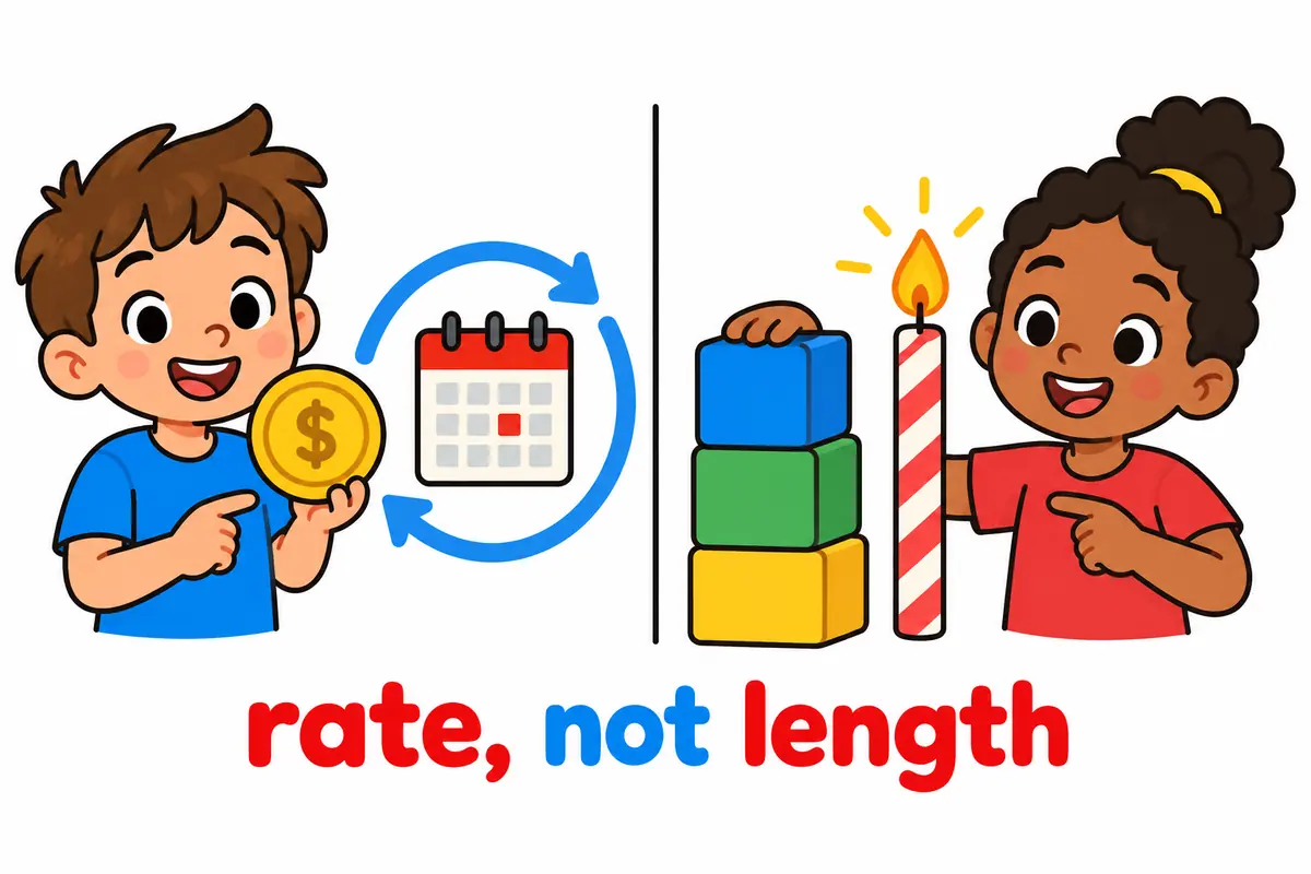 A child holds a coin beside a calendar while another points to a candle and stacked blocks, contrasting a yearly rate with duration.