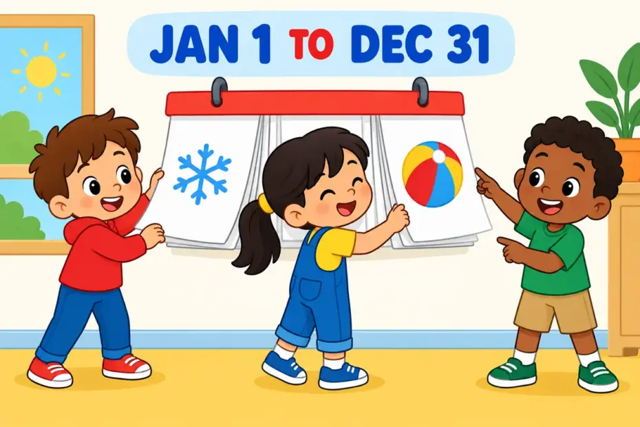 Cartoon children flip a wall calendar from January to December, showing year vs calendar year as a fixed period.