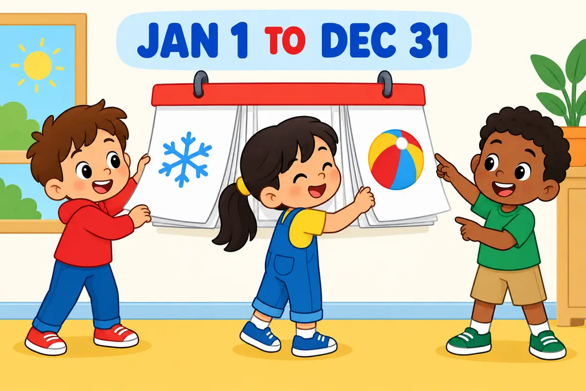 Cartoon children flip a wall calendar from January to December, showing year vs calendar year as a fixed period.