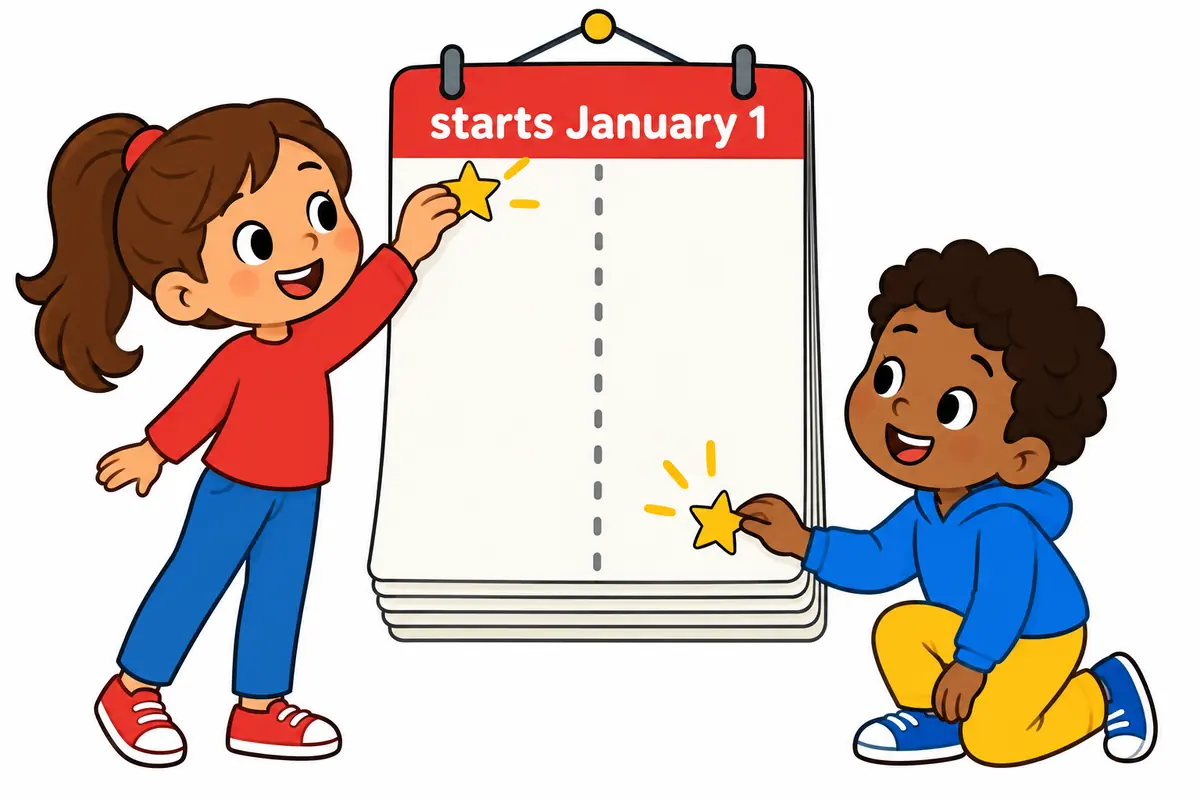 Cartoon children mark the first and last pages of a large wall calendar with two bright star markers.