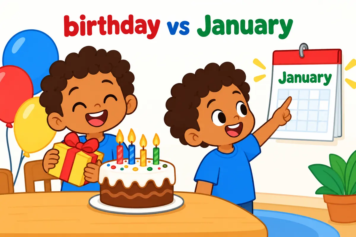 Cartoon single scene contrasts wrapped birthday presents on one side with a January-to-December wall calendar on the other.