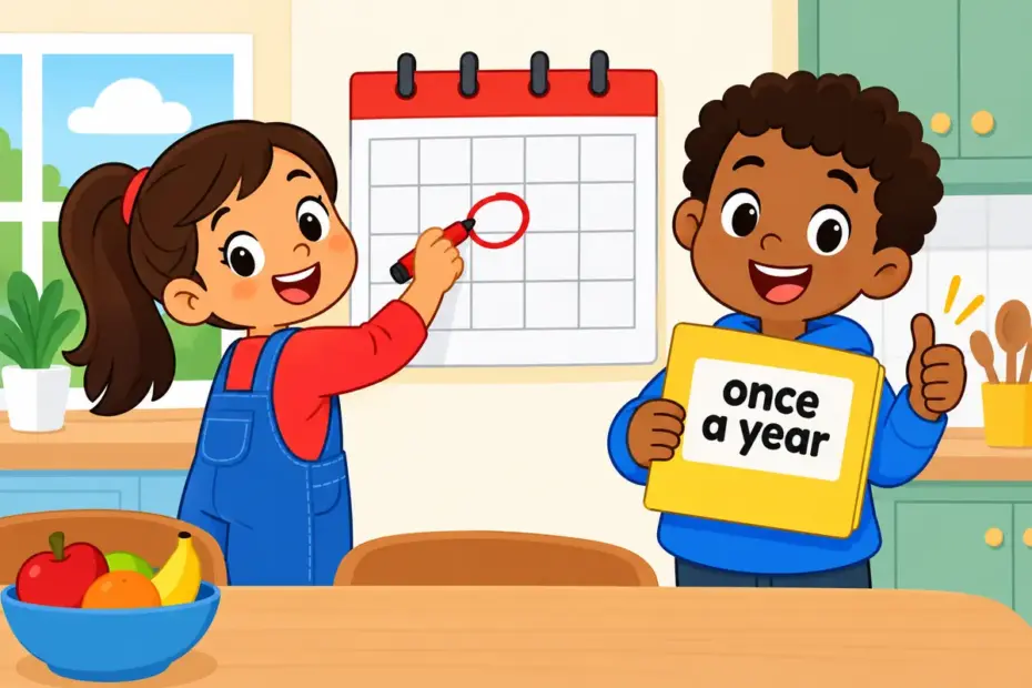 A cartoon calendar with one circled date teaches yearly vs annual as two words for something happening once a year.