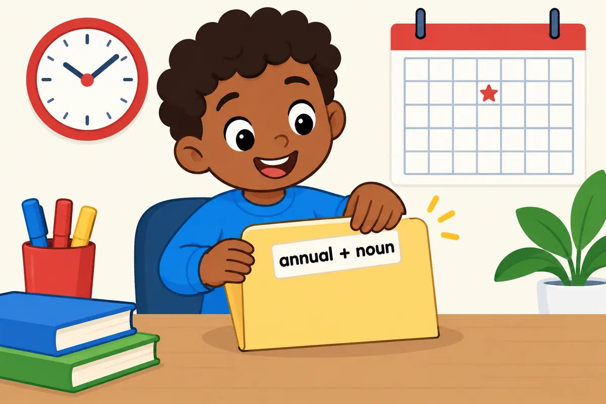 A child displays a folder labelled annual + noun beside a clock and calendar with one yearly mark, illustrating the adjective pattern.