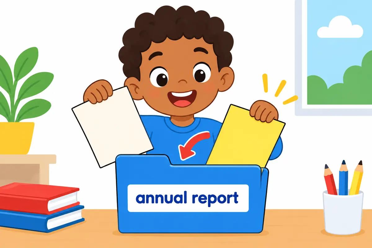 A child places a plain card into a folder labelled annual report, illustrating the common formal phrase.