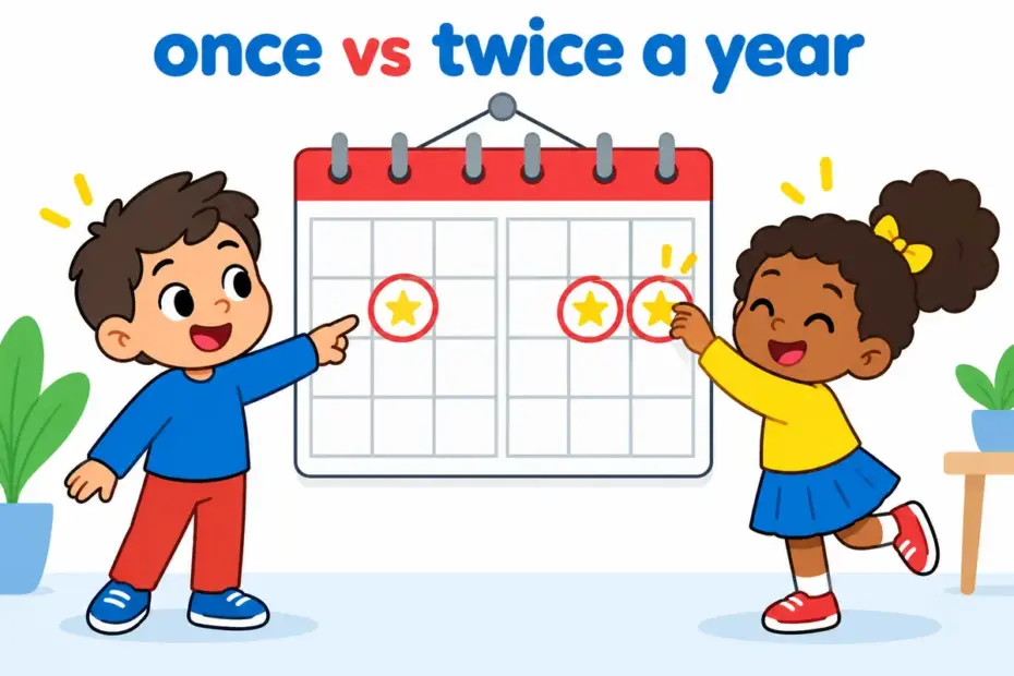 A calendar shows one marked day and two marked days together, illustrating yearly vs biannual.