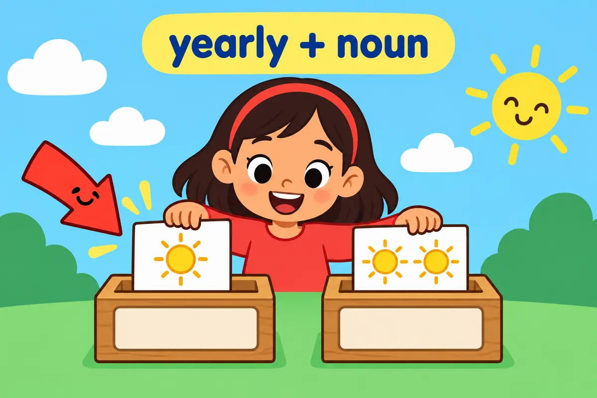 A cartoon child slots a yearly card and a biannual card into two labelled sentence frames.