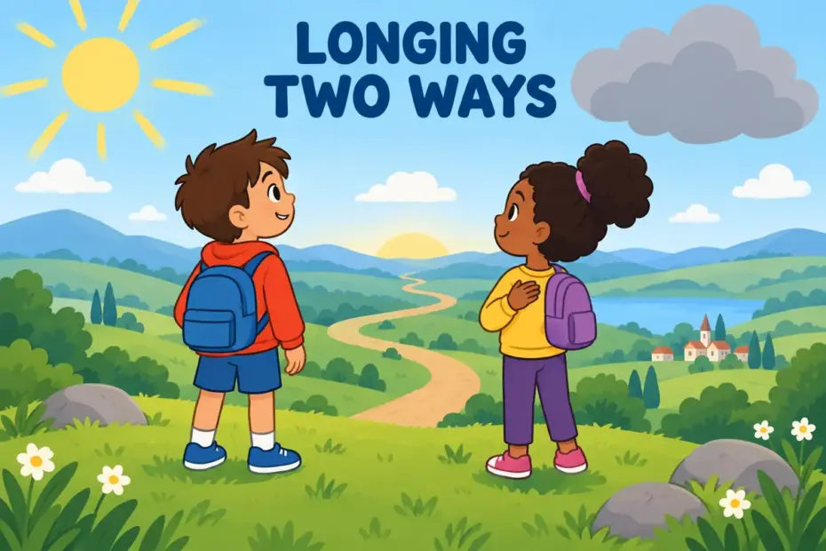 Two cartoon children look to the horizon, one hopeful and one sad, showing yearn vs pine as two kinds of longing.