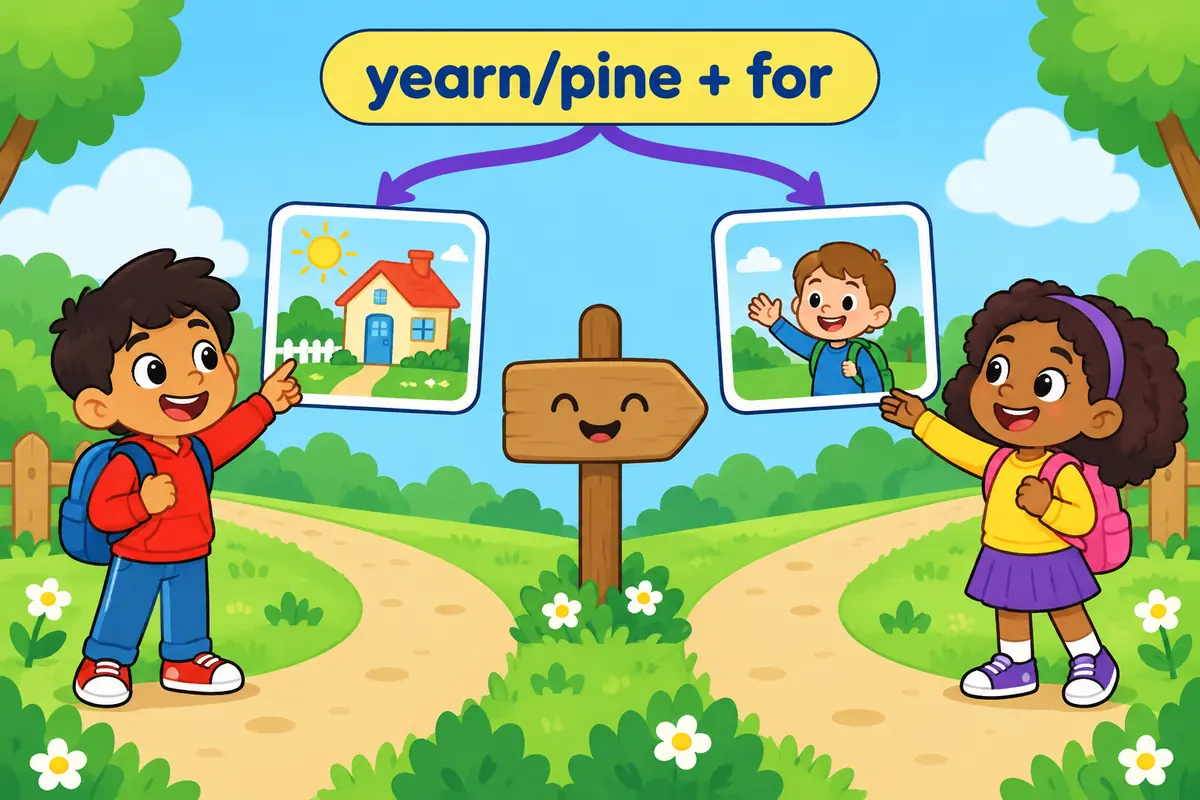 Two cartoon children reach toward a shared path while the word for feeds both the verbs yearn and pine.