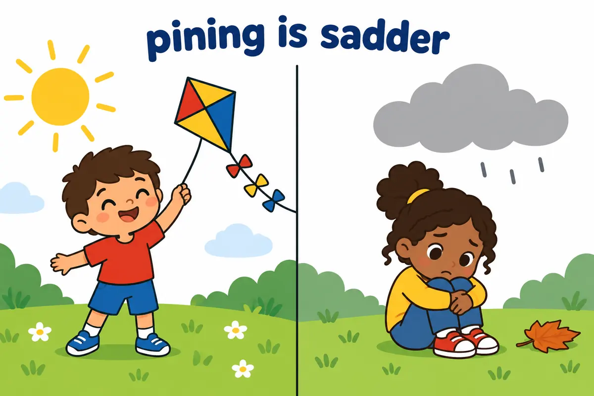Two cartoon children stand side by side, one under a hopeful sunbeam and one under a soft grey cloud, showing the gap between the verbs.