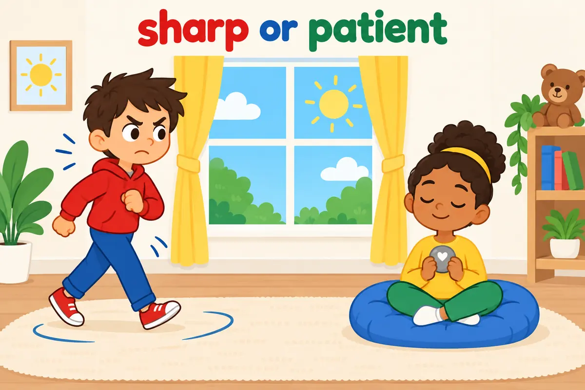 A single cartoon scene contrasts a restless child pacing by a window with a calm child sitting quietly, teaching yearning versus longing.