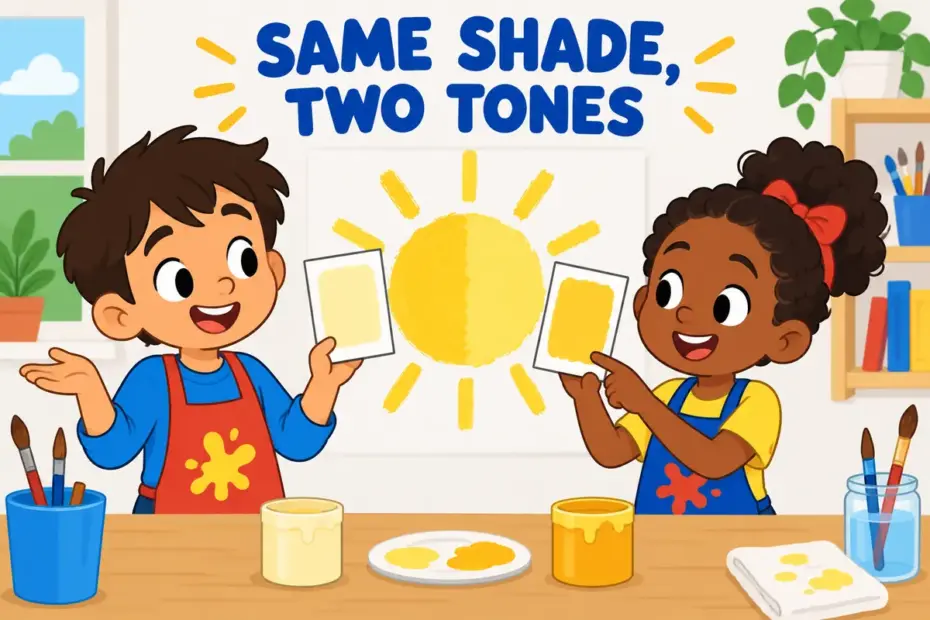 Cartoon children compare two paint swatches, showing yellowy vs yellowish as two words for one colour.