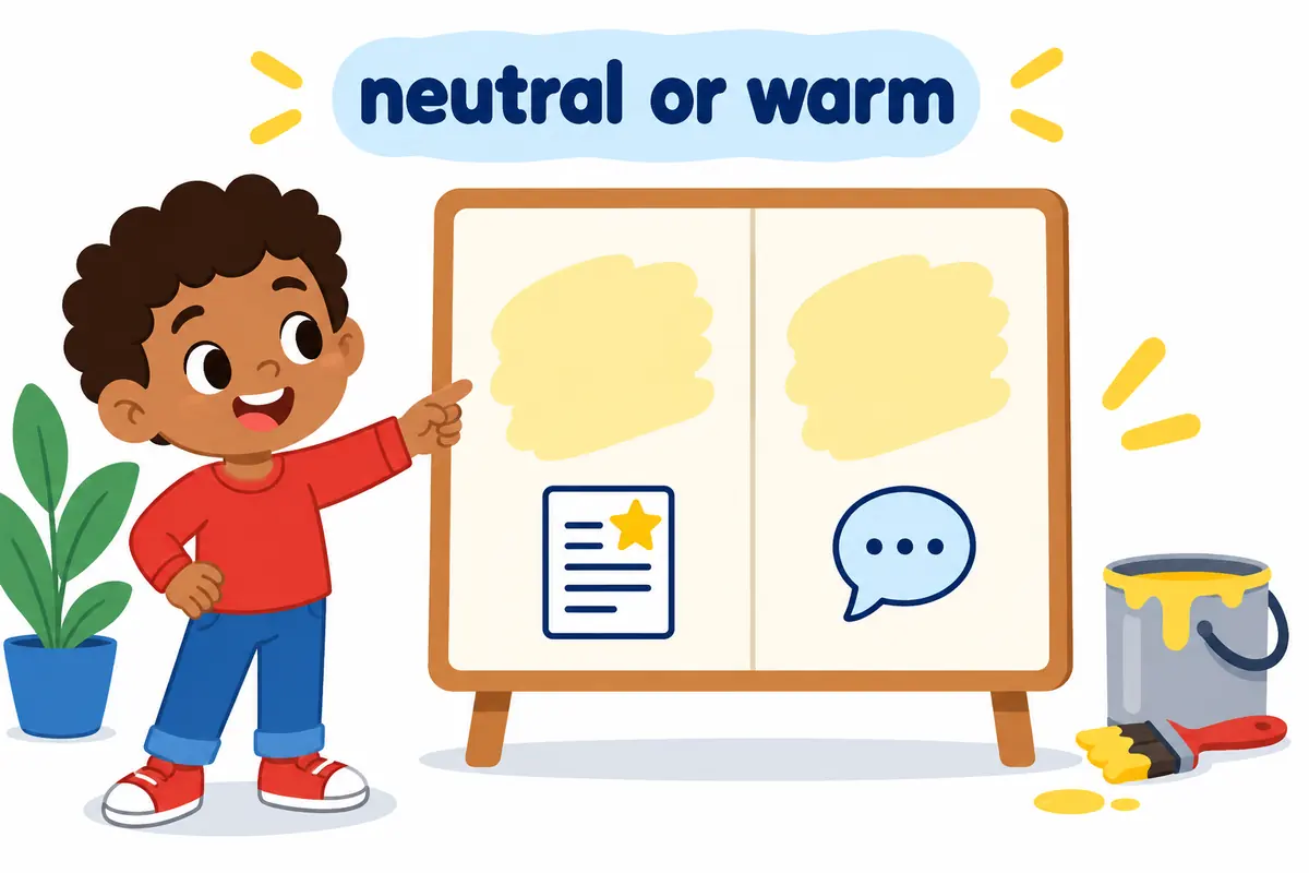 A cartoon paint chart shows the neutral label yellowish beside the more relaxed label yellowy.