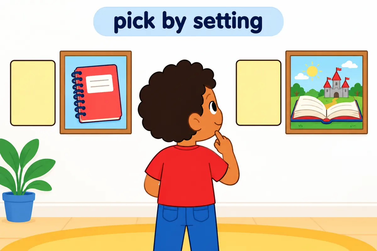 A cartoon child chooses between two identical swatches, one tagged for a report and one for a story.