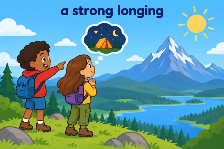 Cartoon children gaze at a far-off mountain, one with a strong vivid yen for travel, teaching yen vs desire.