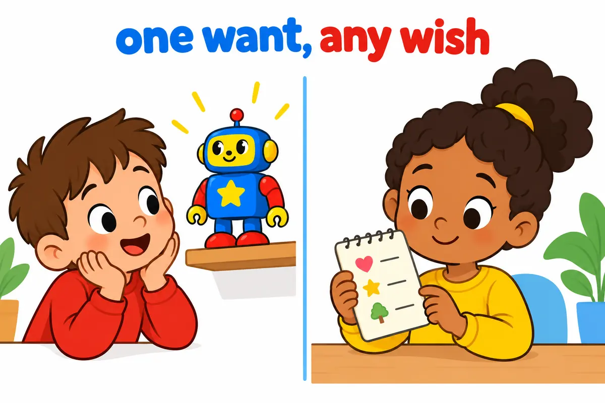 A split cartoon contrasts a child longing for one bright toy with a calm list of modest wishes.