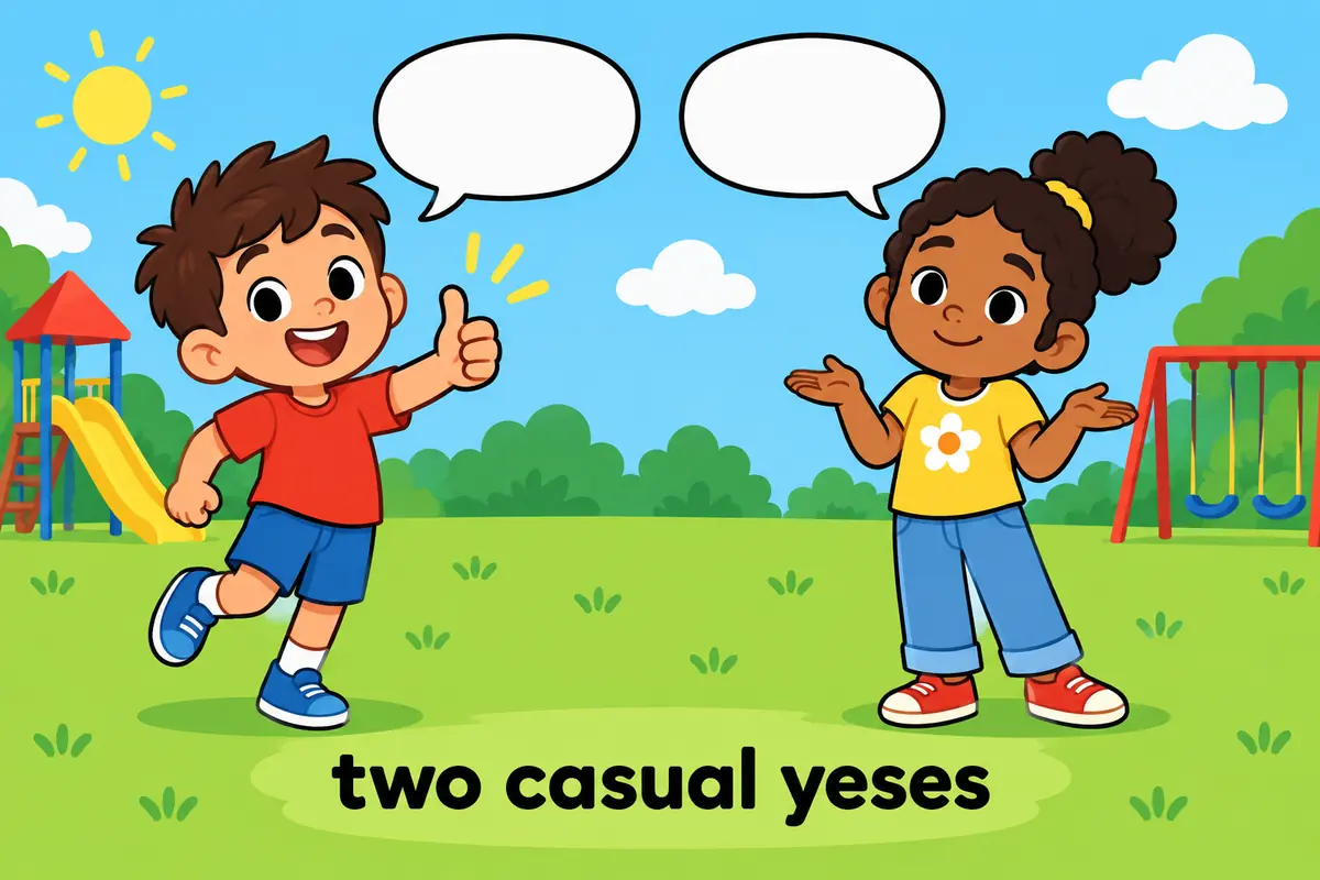 Cartoon friends trade a cheerful thumbs-up and a relaxed shrug, showing yep vs yup as two tones of the same yes.