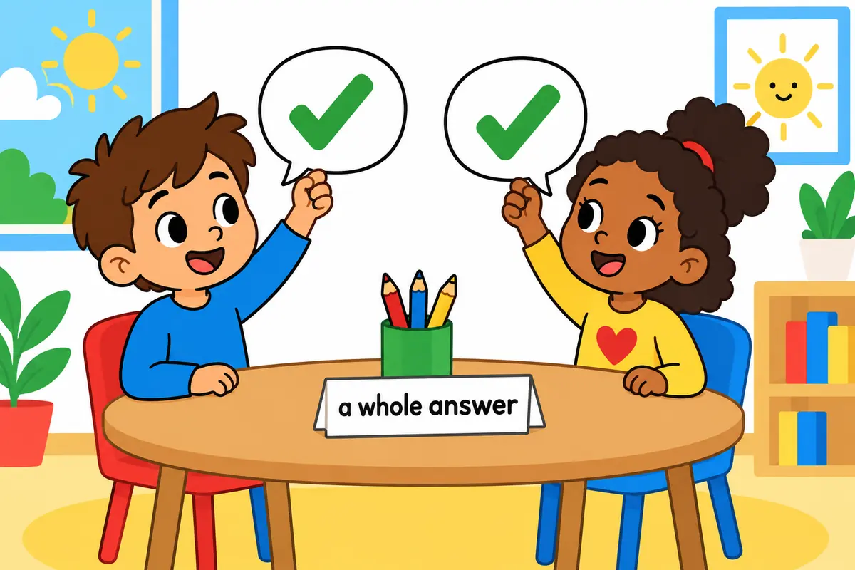 Two cartoon children face each other, each raising a speech bubble with one check mark, showing yep and yup as complete replies.