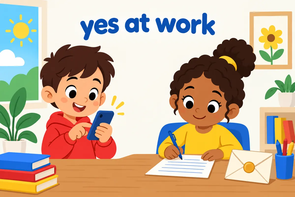 A cartoon shows a child cheerfully sending a quick message with a child carefully writing a neat formal letter at a desk.