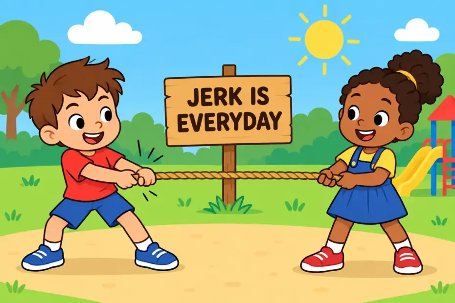 Two cartoon children compare yerk vs jerk while pulling a rope, showing jerk as the everyday word for a sudden sharp pull.