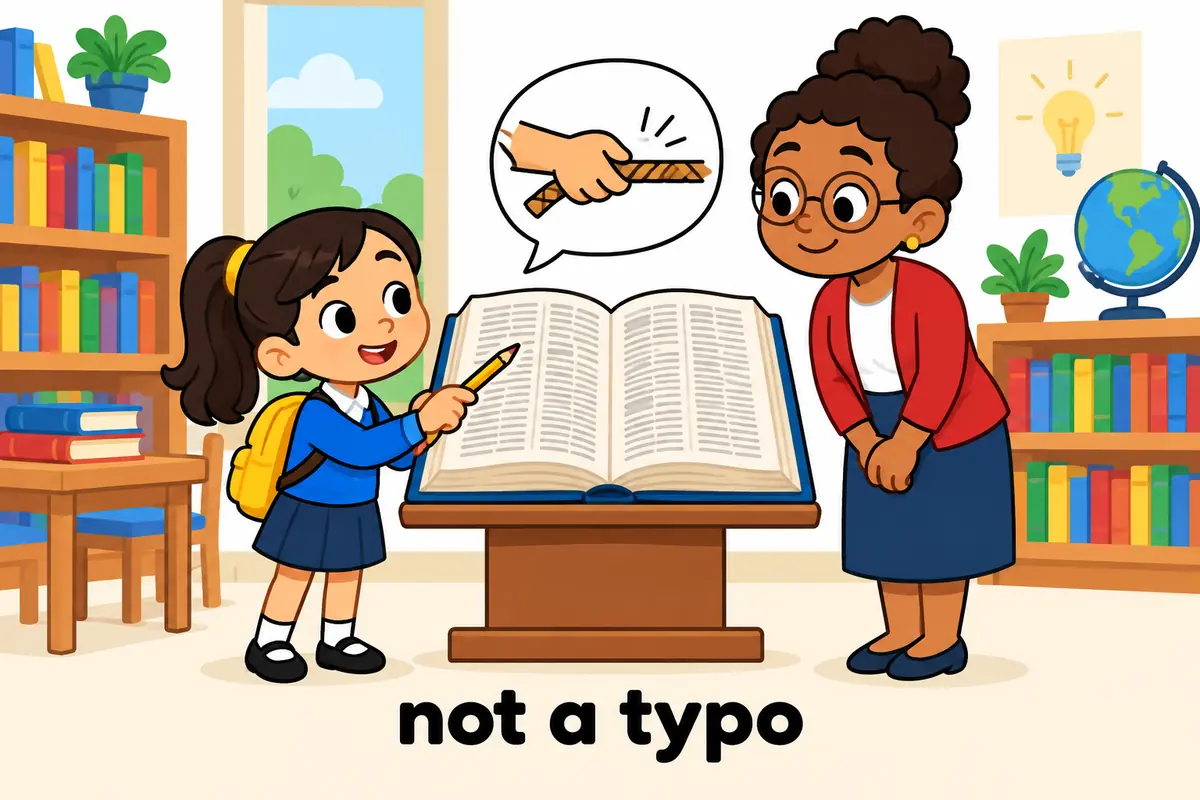 A cartoon child points at a dusty spelling list, showing that yerk is an old dialect verb and not a typo for jerk.