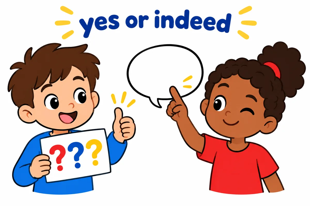 One child answers a question while another confirms a statement, illustrating yes versus indeed.