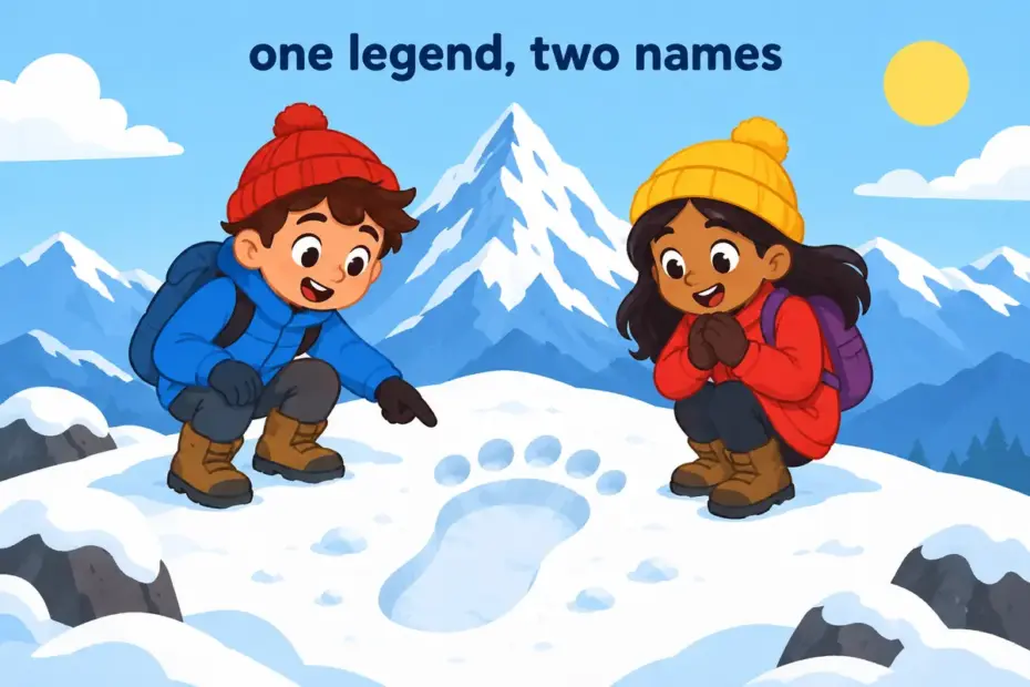 Cartoon children study a snowy mountain shape, showing yeti vs abominable snowman as two names for one legend.