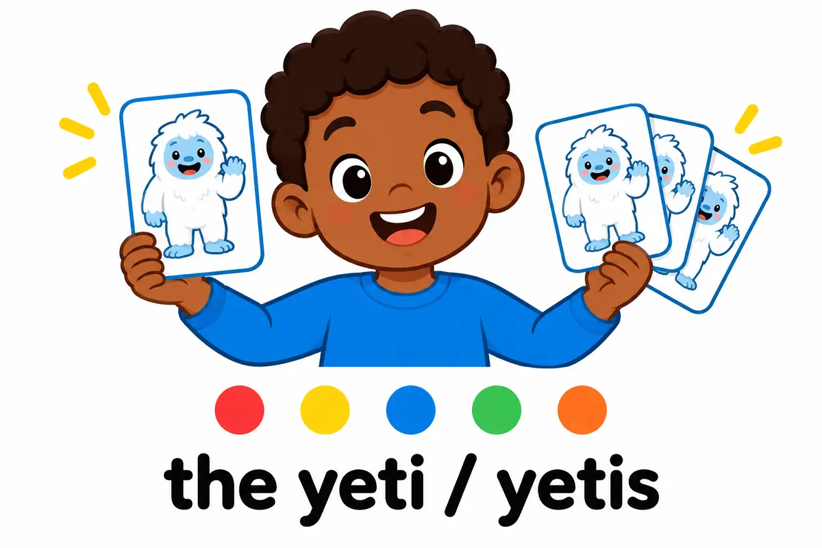A cartoon child holds one picture card of a snowy creature and a stack of several matching cards.