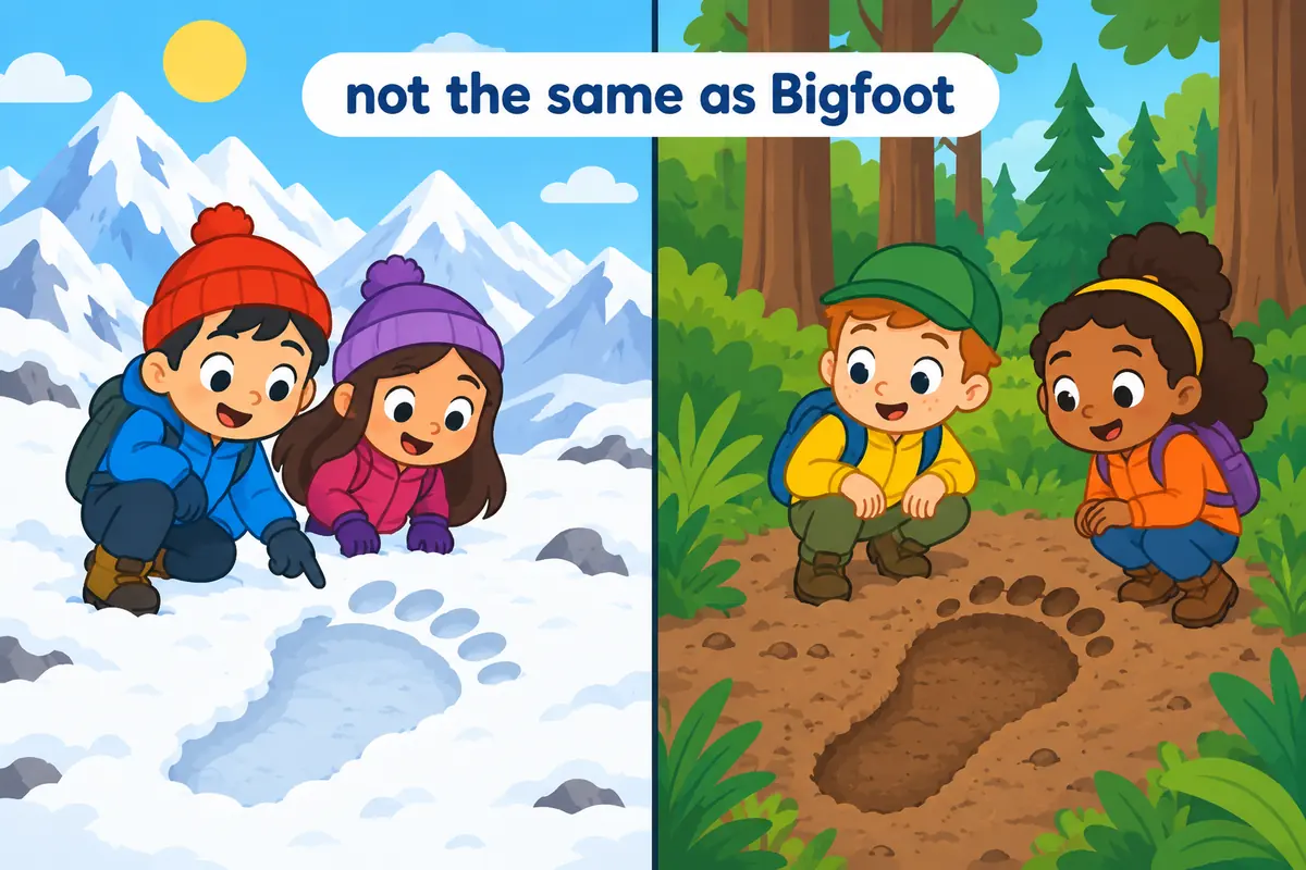 A cartoon split scene contrasts a snowy mountain ridge with a green forest grove and a large footprint in each.