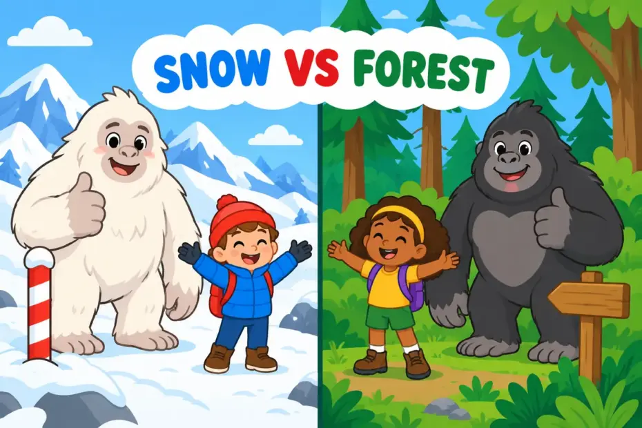 Cartoon split scene shows a yeti on a snowy peak beside a bigfoot in a forest, illustrating yeti vs bigfoot.