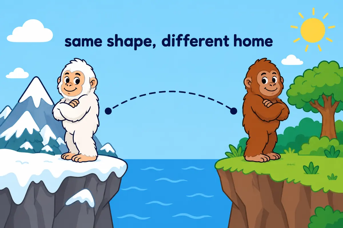 Cartoon cards show a yeti card labelled for snowy mountains and a bigfoot card labelled for forests.