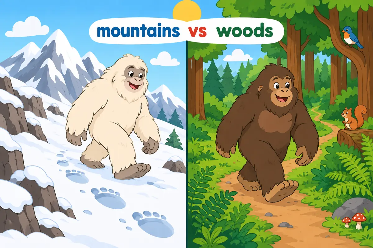 Cartoon split scene contrasts a yeti in a snowy mountain pass with a bigfoot on a green forest trail.