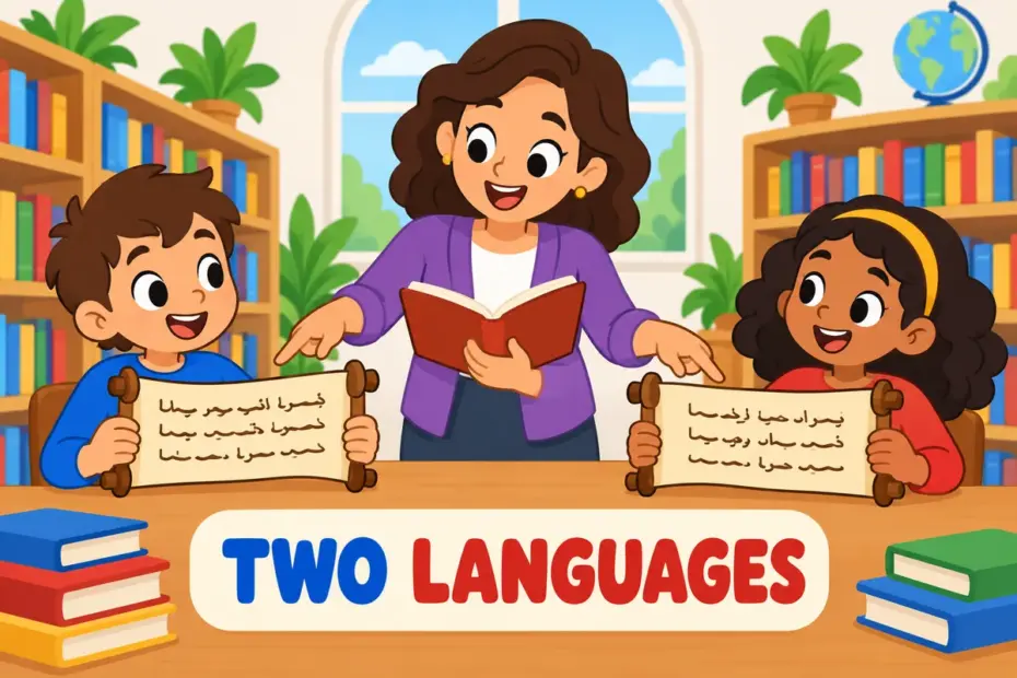 Two cartoon children hold scrolls in the Hebrew script, showing yiddish vs hebrew as separate languages.