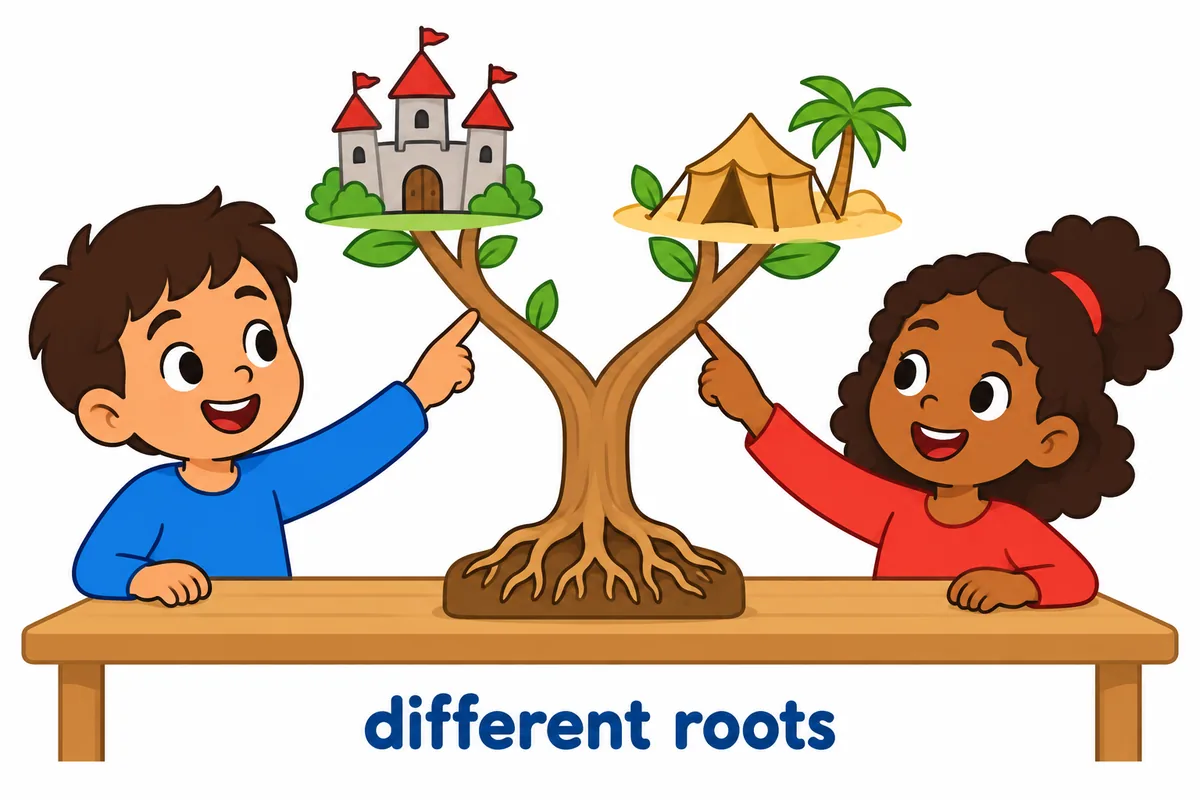 A cartoon family tree splits into two branches, one leading to a castle and one to a desert tent.